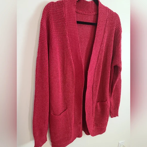 Burgundy Open Front Medium Weight Cardigan with Pockets - Picture 2 of 7